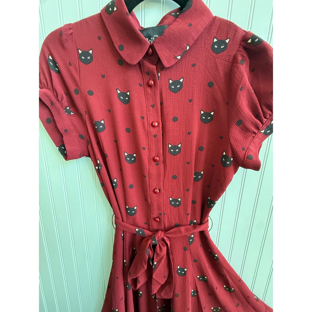 Burgundy Black Cat face swing fit and flare dress Collectif London Retro US 2 - Picture 4 of 7